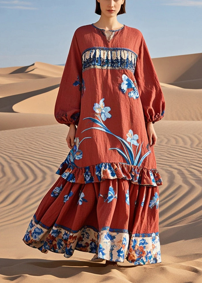 Beautiful Red Ruffled Patchwork Print Cotton Holiday Dress Spring