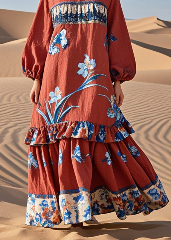 Beautiful Red Ruffled Patchwork Print Cotton Holiday Dress Spring