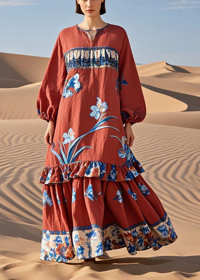 Beautiful Red Ruffled Patchwork Print Cotton Holiday Dress Spring