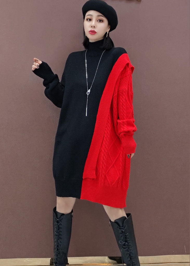 Beautiful Red Turtle Neck Patchwork Knitwear Dress Winter