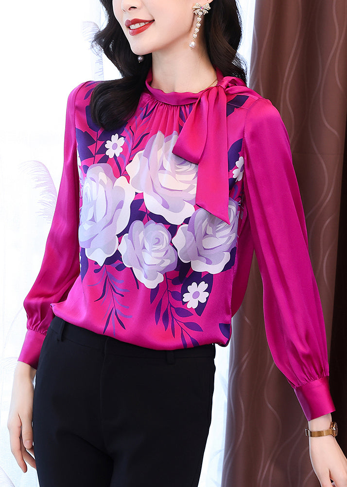 Beautiful Rose Bow Print Silk Shirts Bottoming Shirt