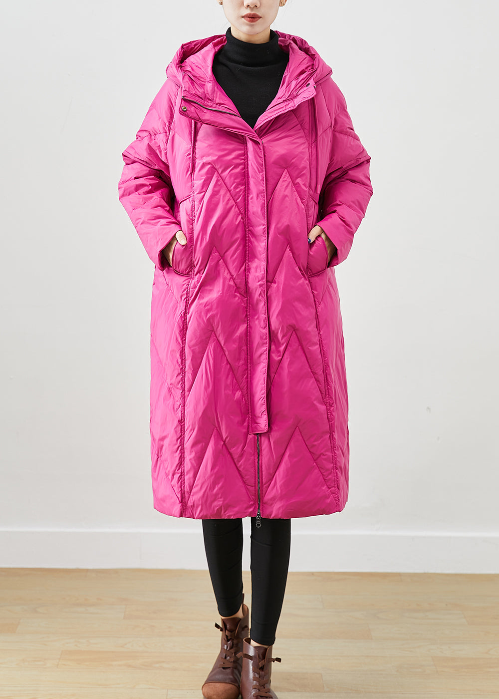 Beautiful Rose Hooded Pockets Fine Cotton Filled Puffer Jacket Winter