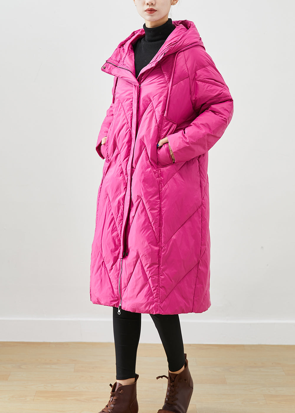 Beautiful Rose Hooded Pockets Fine Cotton Filled Puffer Jacket Winter