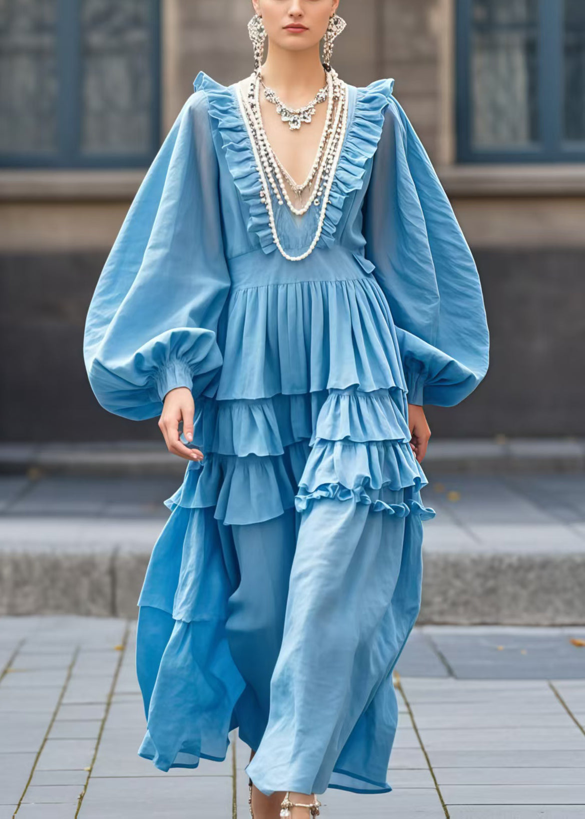 Beautiful Sea Blue V Neck Ruffled Ankle Dress Lantern Sleeve