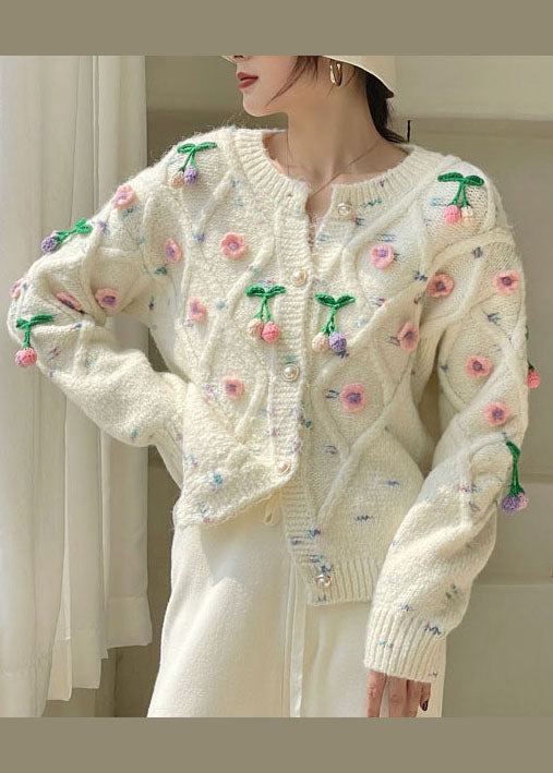 Beautiful White Button Floral Knit Cardigans Spring