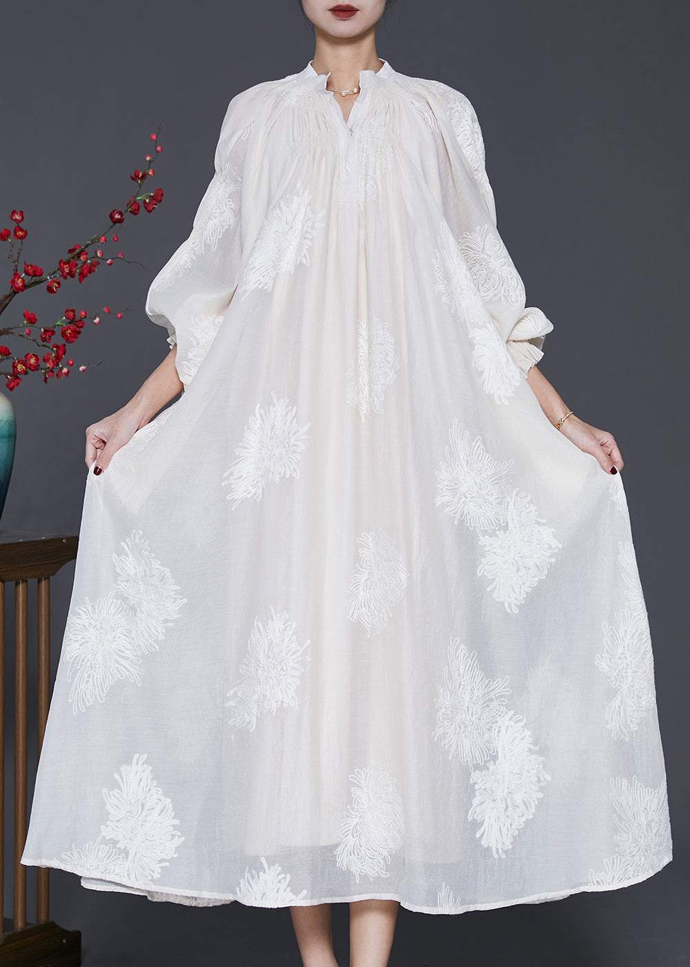 Beautiful Off White Embroidered Silk Maxi Dress Lantern Sleeve