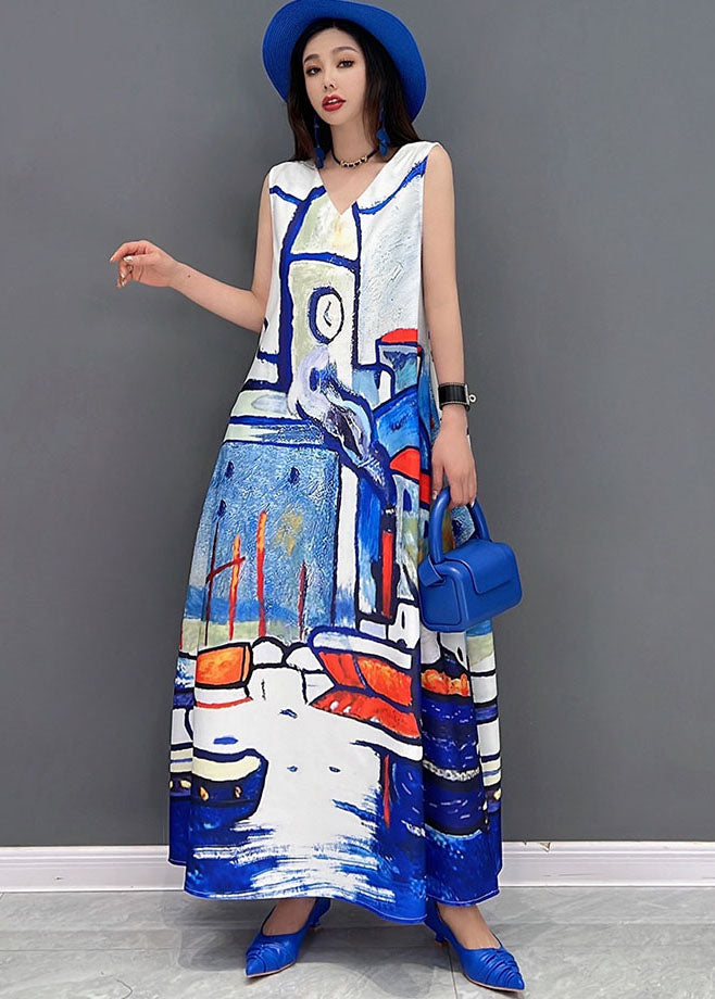 Beautiful White V Neck Graphic Print Chiffon A Line Long Dress Sleeveless