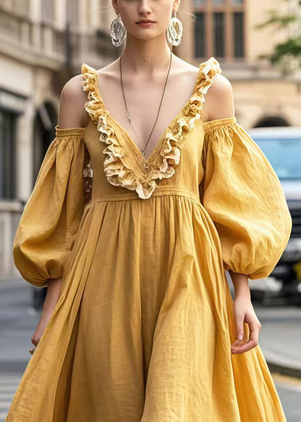 Beautiful Yellow Cold Shoulder Ruffled Party Dresses Lantern Sleeve