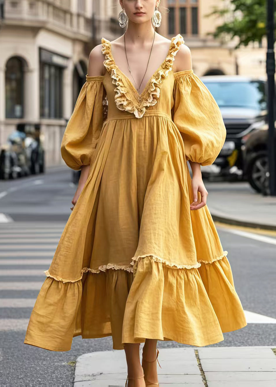 Beautiful Yellow Cold Shoulder Ruffled Party Dresses Lantern Sleeve