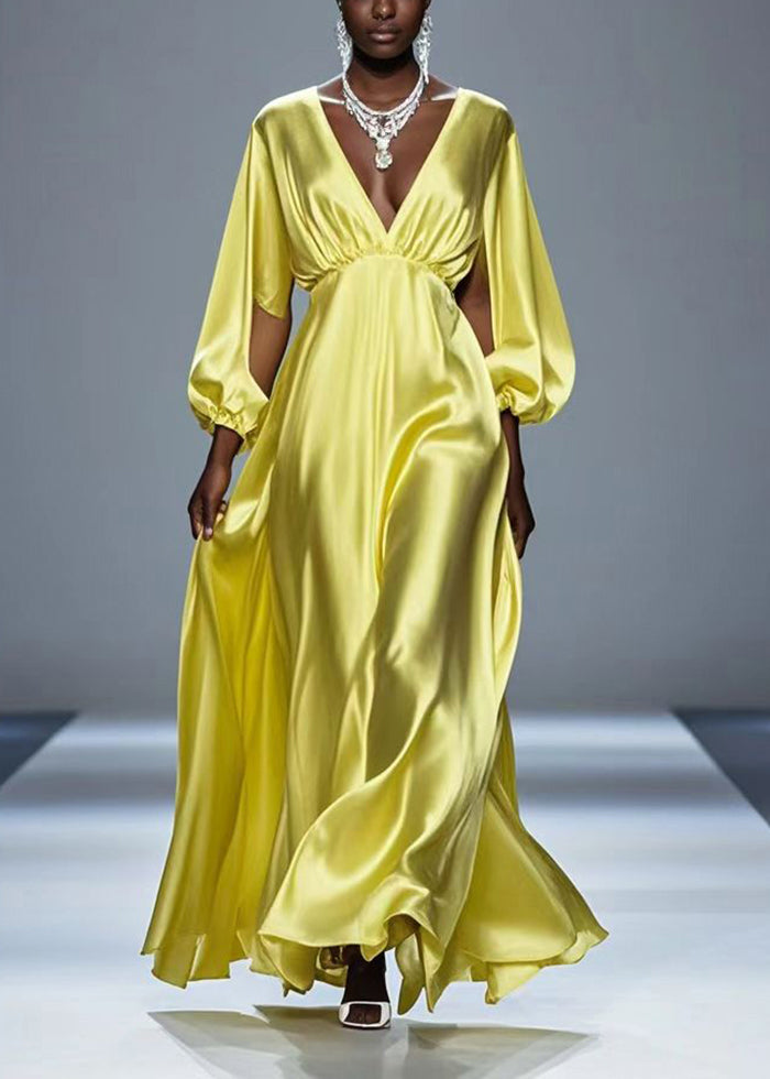 Beautiful Yellow Hollow Out Draping Silk Party Dresses Spring