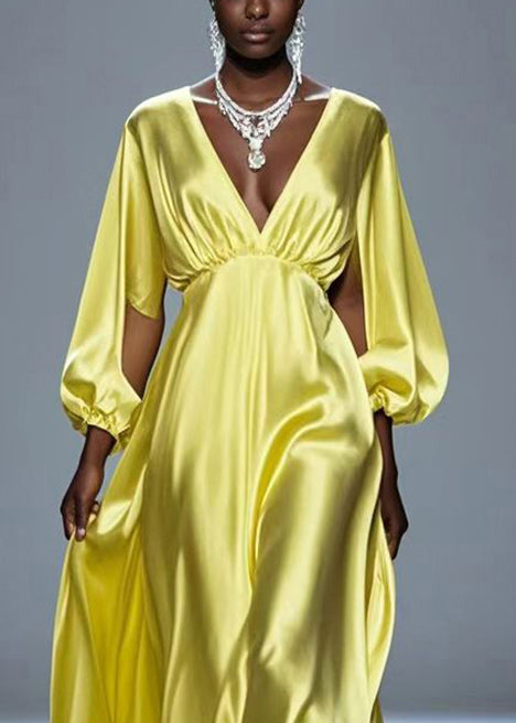 Beautiful Yellow Hollow Out Draping Silk Party Dresses Spring