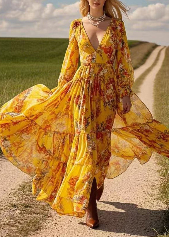 Beautiful Yellow Patchwork Wrinkled Chiffon Maxi Dress Spring