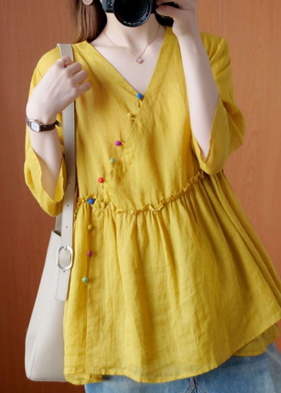 Beautiful Yellow V Neck Button Fall Blouses Half Sleeve