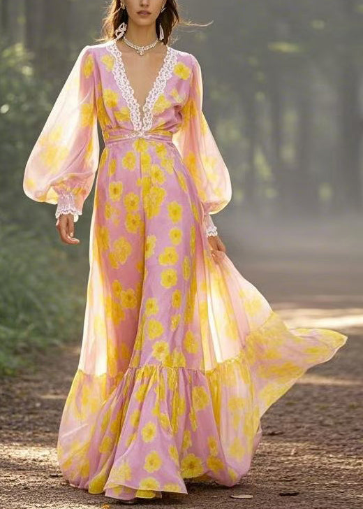 Beautiful Yellow V Neck Print Chiffon Maxi Dresses Spring