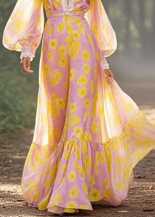 Beautiful Yellow V Neck Print Chiffon Maxi Dresses Spring