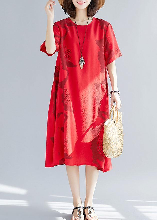 Beautiful big pockets cotton clothes Women Sleeve red prints wild cotton robes Dress summer