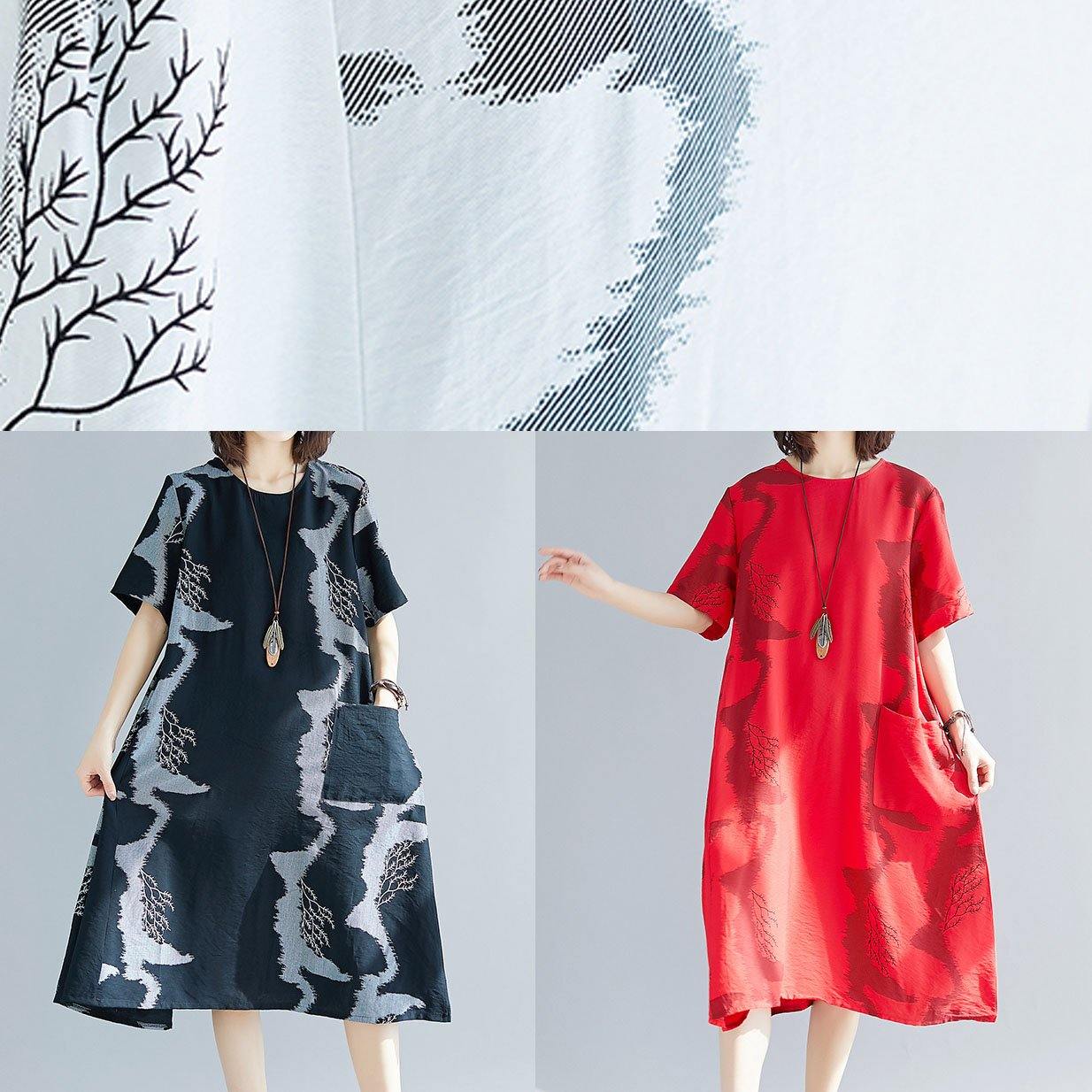 Beautiful big pockets cotton clothes Women Sleeve red prints wild cotton robes Dress summer