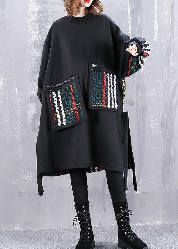 Beautiful Black Cotton Clothes Women Patchwork  Oversized Side Open Dress