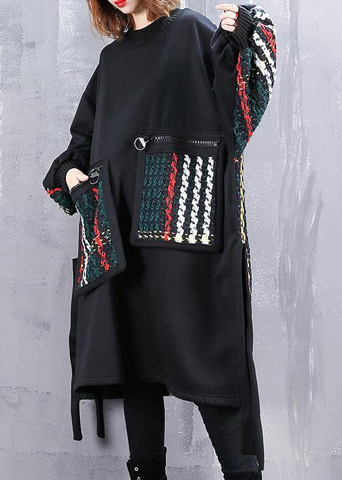 Beautiful Black Cotton Clothes Women Patchwork  Oversized Side Open Dress