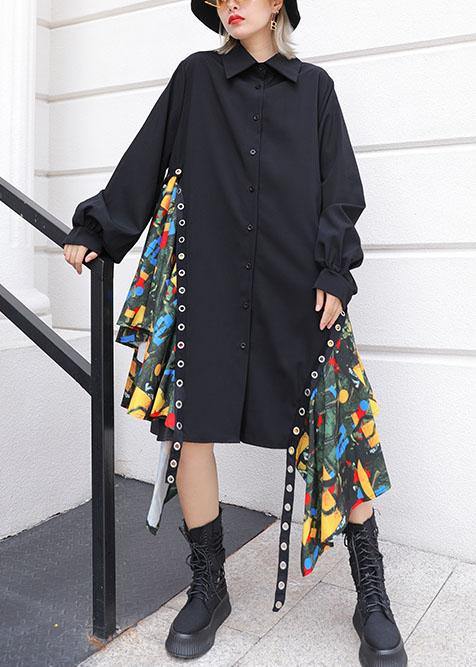 Beautiful black Cotton dress side patchwork Plus Size fall shirt Dress