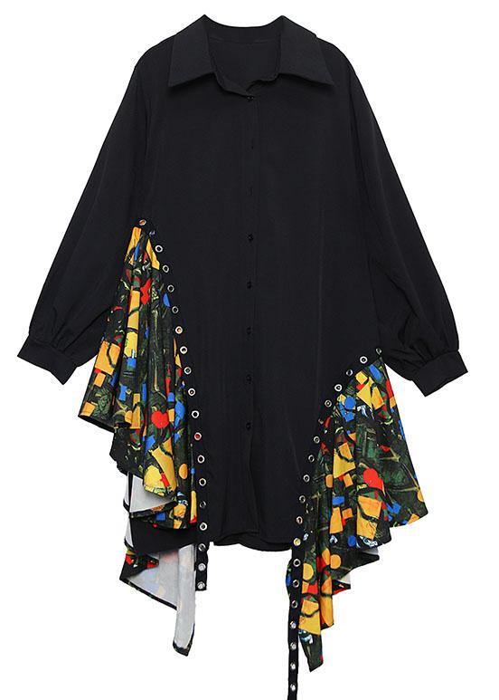 Beautiful black Cotton dress side patchwork Plus Size fall shirt Dress