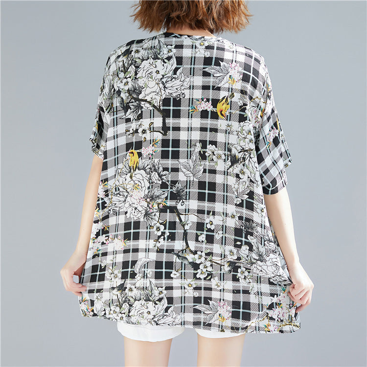 Beautiful black Plaid linen cotton Long Shirts Organic Sewing o neck print baggy shirts