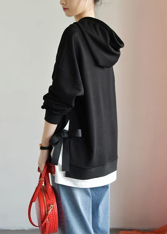 Beautiful black cotton shirts women hooded drawstring Plus Size Clothing fall top