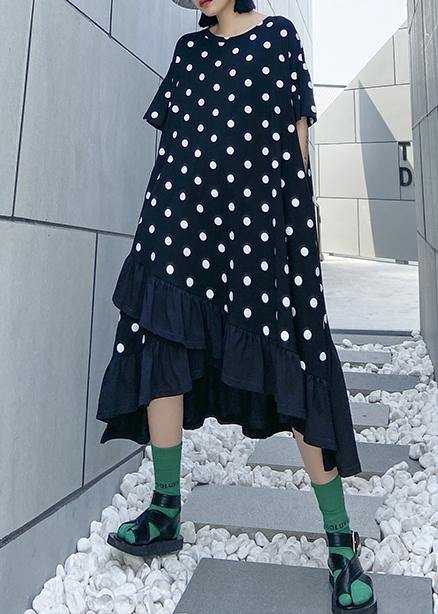 Beautiful black dotted cotton tunics for women o neck Ruffles Dress