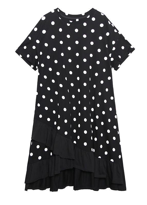 Beautiful black dotted cotton tunics for women o neck Ruffles Dress