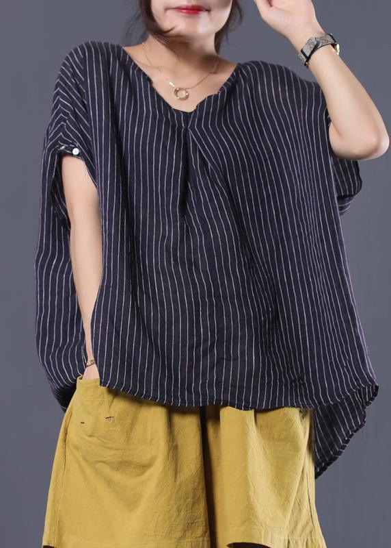 Beautiful blue striped linen clothes For Women v neck baggy summer top