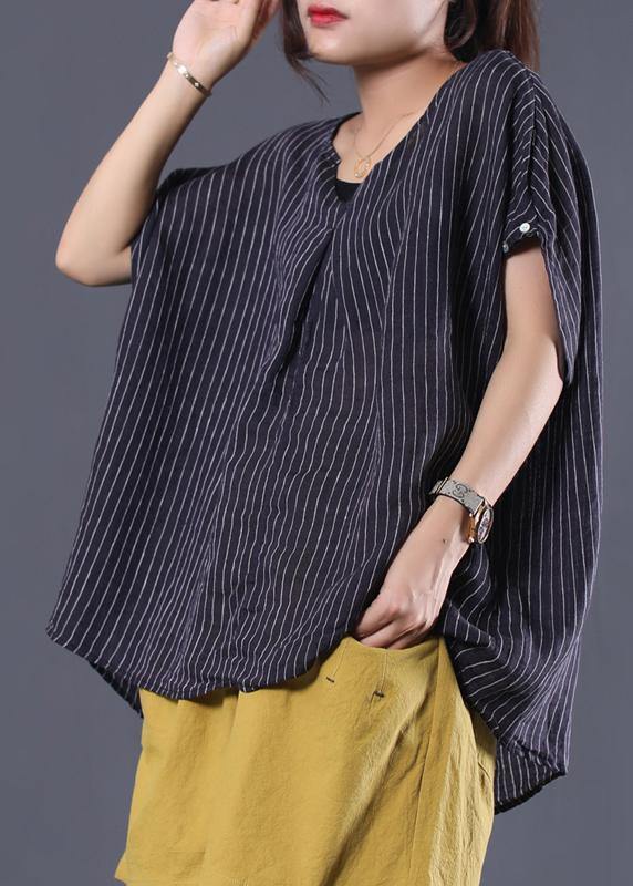 Beautiful blue striped linen clothes For Women v neck baggy summer top