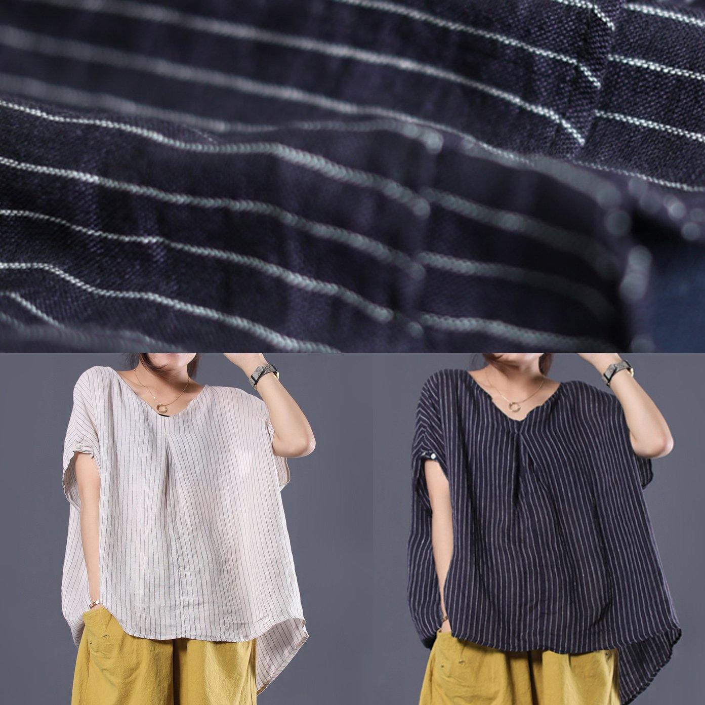 Beautiful blue striped linen clothes For Women v neck baggy summer top