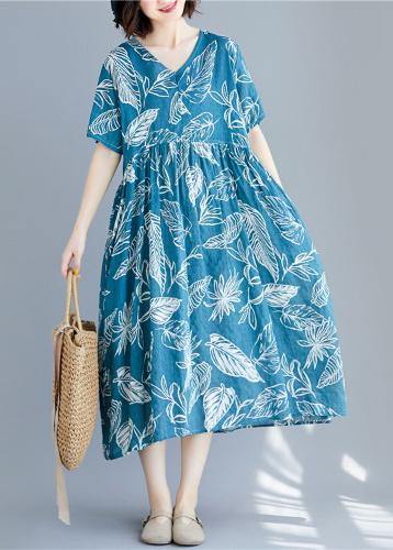 Beautiful blue print linen clothes For Women v neck Cinched cotton summer Dresses