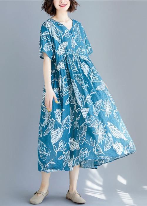 Beautiful blue print linen clothes For Women v neck Cinched cotton summer Dresses