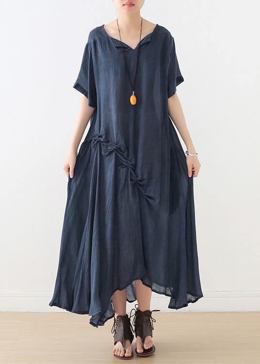 Beautiful blue Cinched cotton Tunics asymmetric long summer Dress