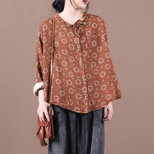 Beautiful brown print top silhouette o neck Button Down Dresses blouses