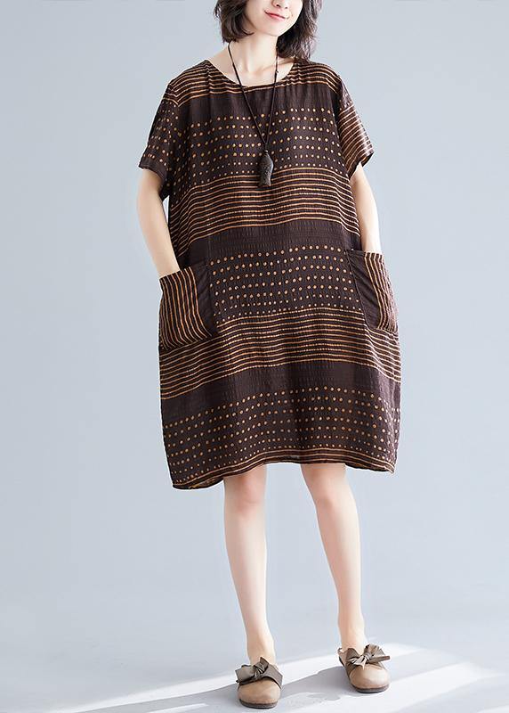 Beautiful chocolate dotted Cotton tunic top o neck pockets short Dress