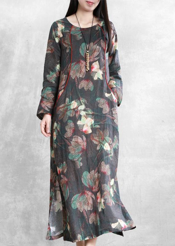 Beautiful floral linen dresses o neck pockets Maxi Dresses