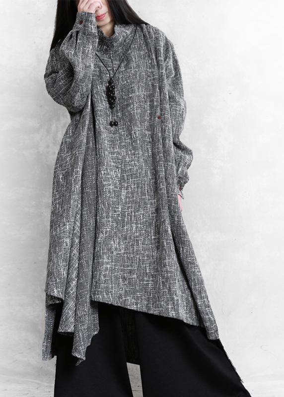 Beautiful gray Plaid linen clothes high neck asymmetric Traveling Dresses