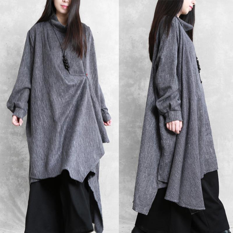 Beautiful gray Plaid linen clothes high neck asymmetric Traveling Dresses