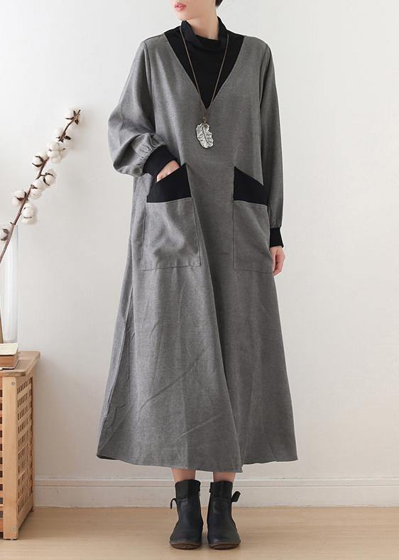 Beautiful gray cotton quilting clothes high neck patchwork Dresses fall Dresses