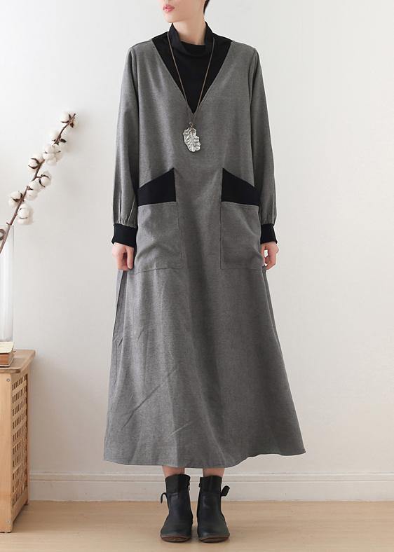 Beautiful gray cotton quilting clothes high neck patchwork Dresses fall Dresses