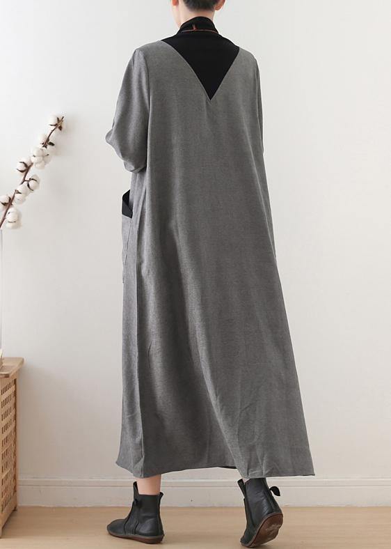 Beautiful gray cotton quilting clothes high neck patchwork Dresses fall Dresses