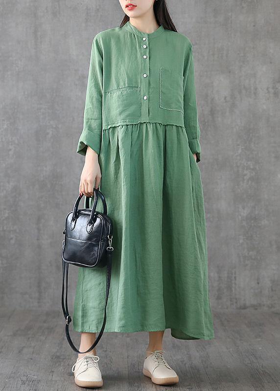 Beautiful green linen clothes For Women o neck patchwork Maxi spring Dresses