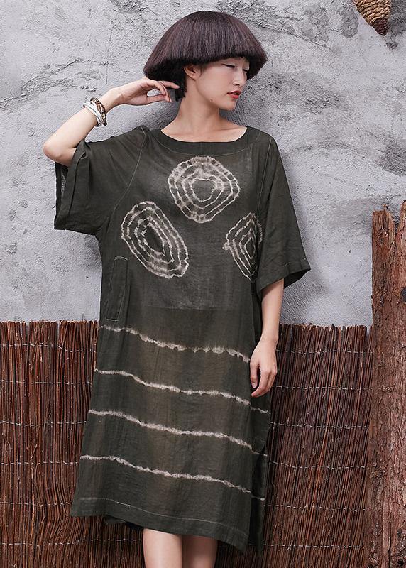 Beautiful green prints linen Tunic side open Plus Size Clothing summer Dress