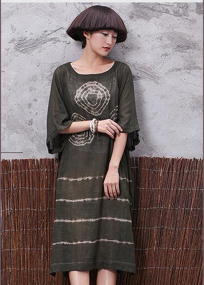 Beautiful green prints linen Tunic side open Plus Size Clothing summer Dress