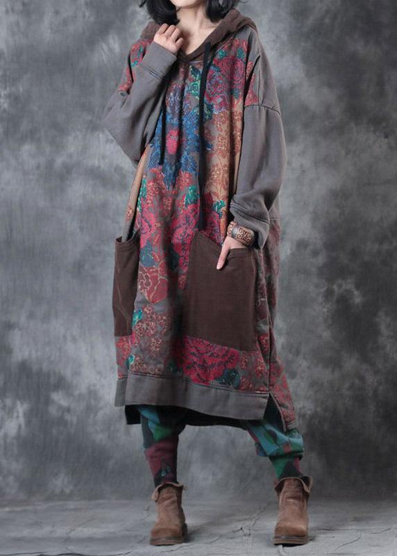 Beautiful hooded drawstring cotton Wardrobes design gray print Maxi Dresses fall