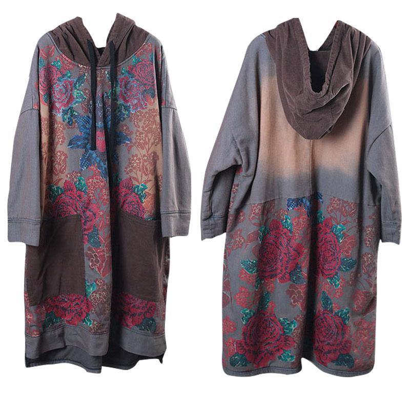 Beautiful hooded drawstring cotton Wardrobes design gray print Maxi Dresses fall