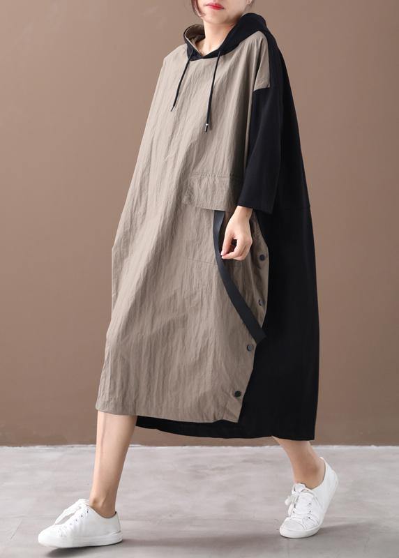 Beautiful khaki Long dress hooded patchwork long spring Dresses