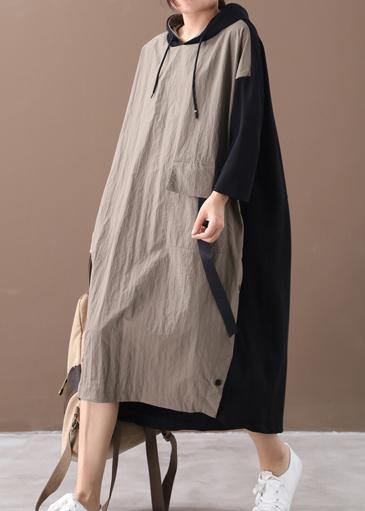 Beautiful khaki Long dress hooded patchwork long spring Dresses